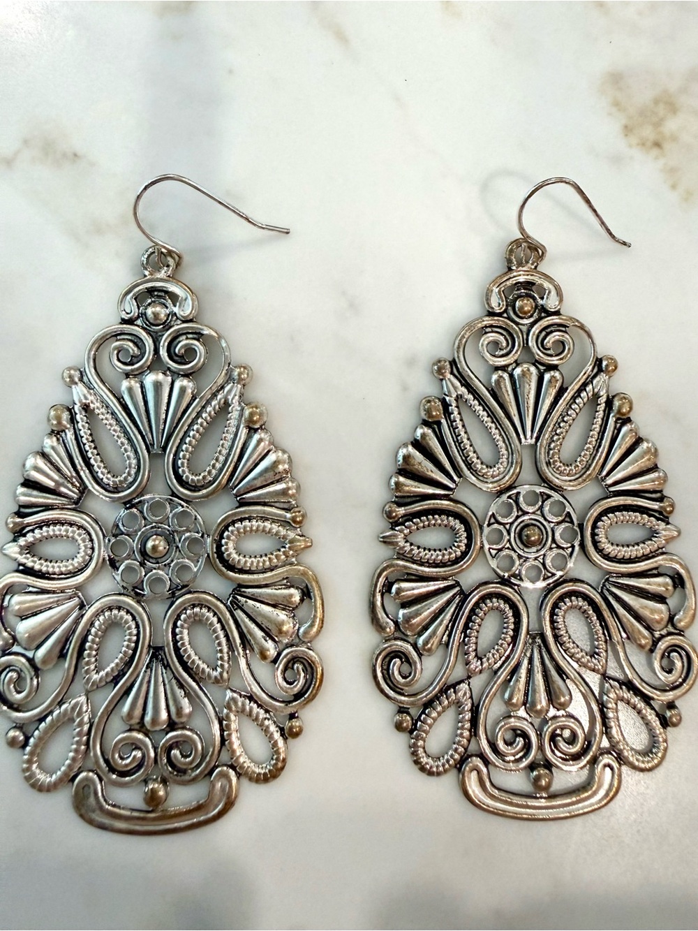 Intricate Filigree Drop Earrings in Silver Tone - super light